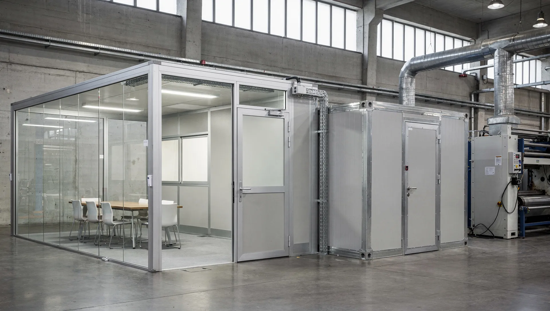 Sala riunioni vetrata, ufficio tecnico nel capannone e box industriale in un ambiente produttivo